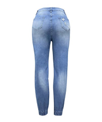 Women Denim Jeans Ankle Length Print Holes Pencil Pants Pockets Washing Slim Basics Zipper Fly Spring Flat Slight Strech - SHOWLU FASHION STORE