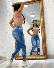 Women Denim Jeans Ankle Length Print Holes Pencil Pants Pockets Washing Slim Basics Zipper Fly Spring Flat Slight Strech - SHOWLU FASHION STORE