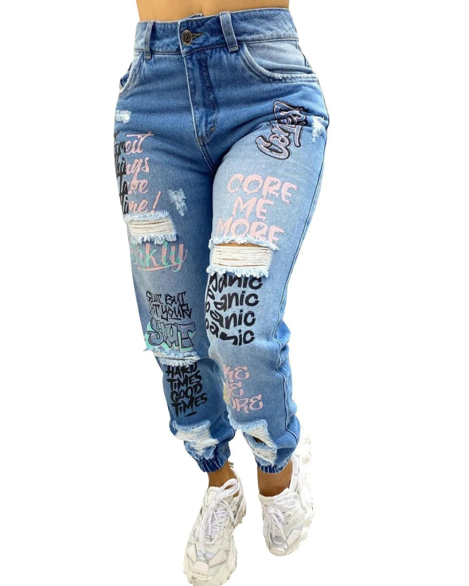 Women Denim Jeans Ankle Length Print Holes Pencil Pants Pockets Washing Slim Basics Zipper Fly Spring Flat Slight Strech - SHOWLU FASHION STORE