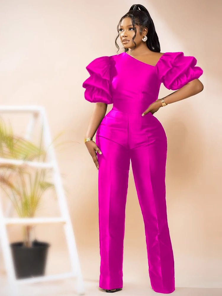 Women Jumpsuits Shiny Skew Collar Puff Sleeves High Waist One Piece Slim Elegant Office Ladies Summer Fashion Party Elegant New - SHOWLU FASHION STORE