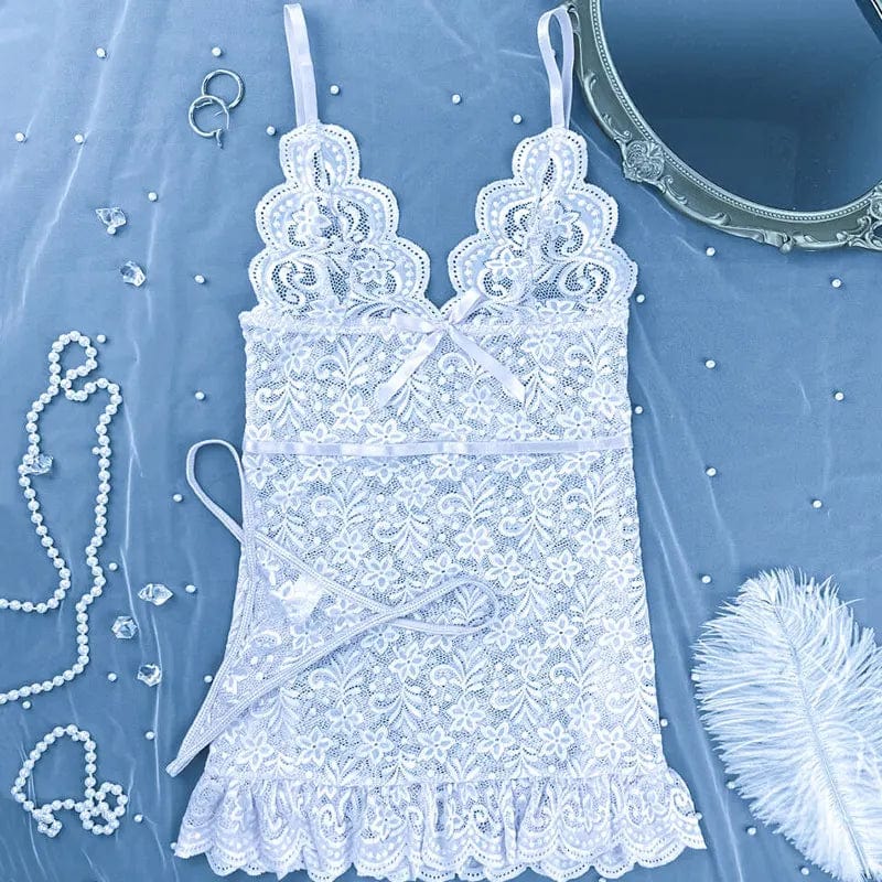 Women Mini Dress Sleeveless Backless Porno Pajamas Floral Lace Erotic Nightwears+Thongs Sexy Short Transparent Dresses - SHOWLU FASHION STORE