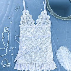 Women Mini Dress Sleeveless Backless Porno Pajamas Floral Lace Erotic Nightwears+Thongs Sexy Short Transparent Dresses - SHOWLU FASHION STORE
