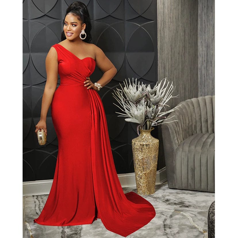 Women Solid Maxi Party Dress Summer One Shoulder Long Robe - SHOWLU FASHION STORE