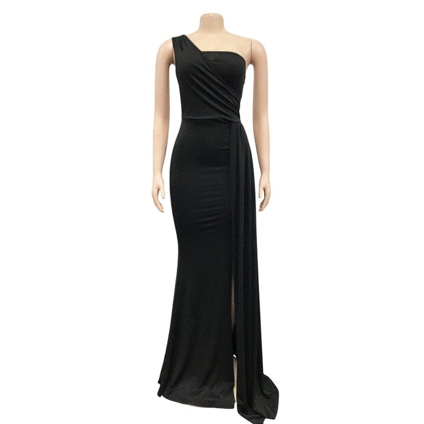 Women Solid Maxi Party Dress Summer One Shoulder Long Robe - SHOWLU FASHION STORE