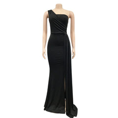 Women Solid Maxi Party Dress Summer One Shoulder Long Robe - SHOWLU FASHION STORE