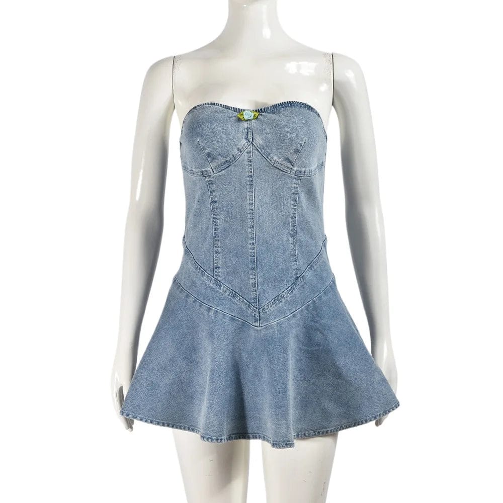 Women Stretch Denim Washed Wrap Backless Ruffle Dress Sexy Zipper Dress Elegant Blue Jeans Skater Party Dress for Female 2024 - SHOWLU FASHION STORE