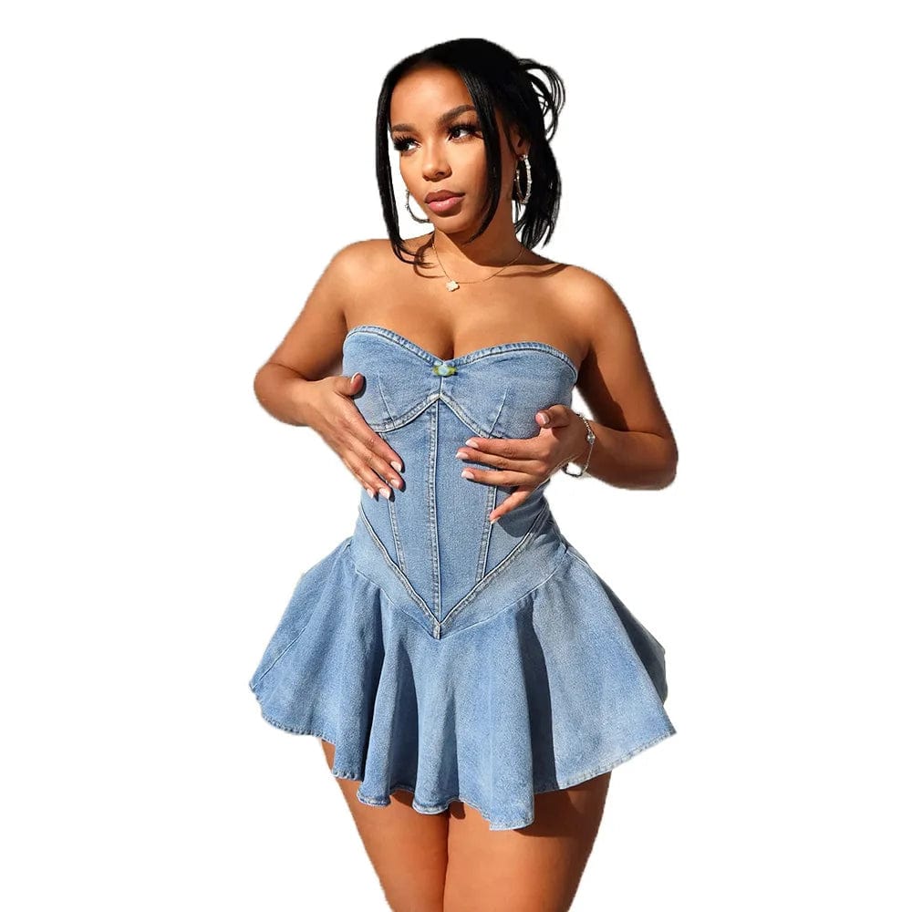 Women Stretch Denim Washed Wrap Backless Ruffle Dress Sexy Zipper Dress Elegant Blue Jeans Skater Party Dress for Female 2024 - SHOWLU FASHION STORE