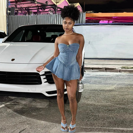 Women Stretch Denim Washed Wrap Backless Ruffle Dress Sexy Zipper Dress Elegant Blue Jeans Skater Party Dress for Female 2024 - SHOWLU FASHION STORE