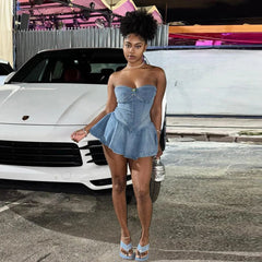 Women Stretch Denim Washed Wrap Backless Ruffle Dress Sexy Zipper Dress Elegant Blue Jeans Skater Party Dress for Female 2024 - SHOWLU FASHION STORE