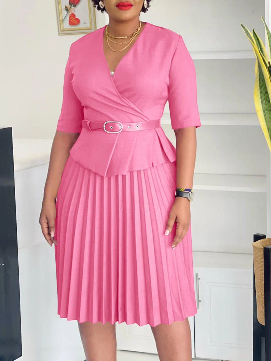 Women's 2024 new fashion plus size temperament commuter V - neck pleated dress - SHOWLU FASHION STORE