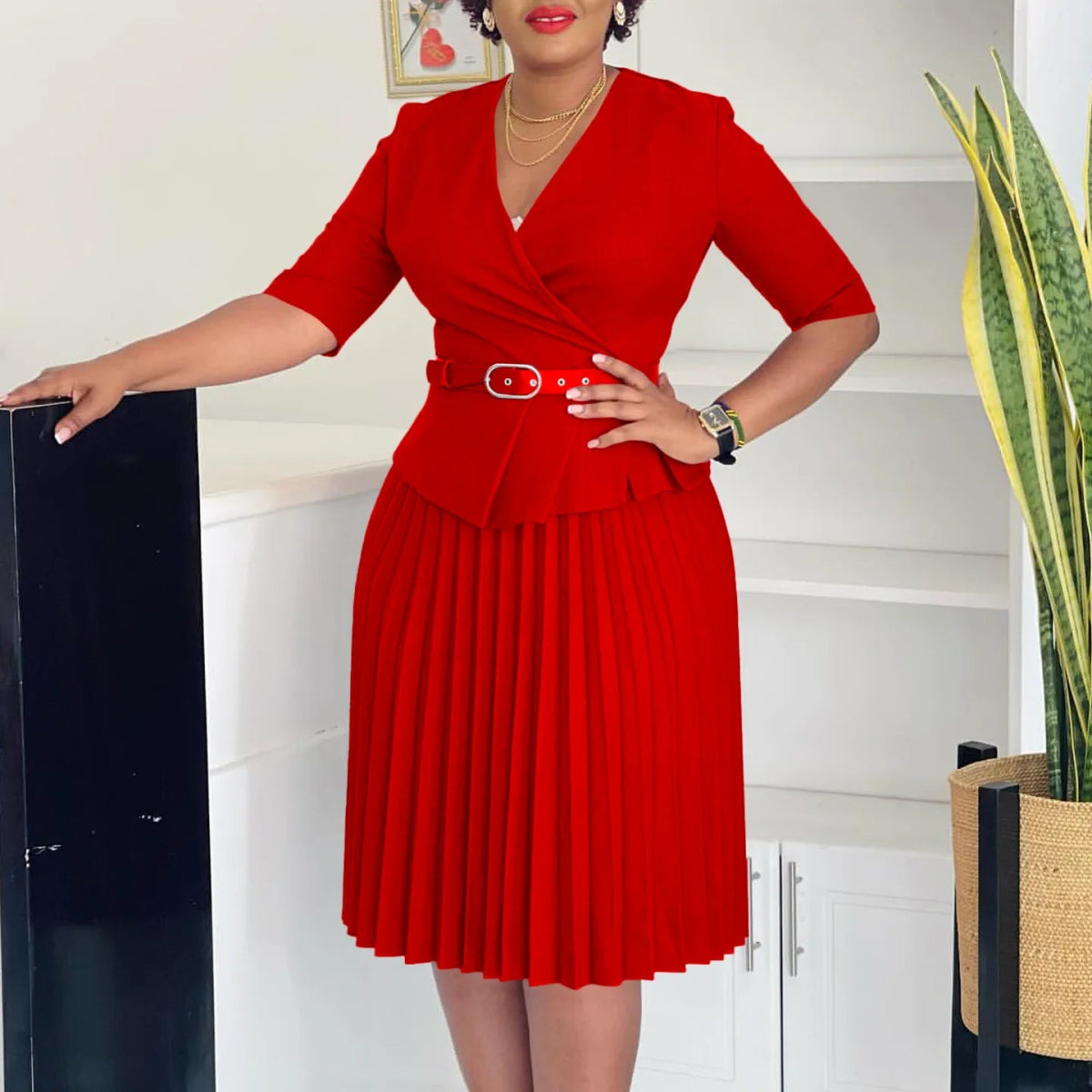 Women's 2024 new fashion plus size temperament commuter V - neck pleated dress - SHOWLU FASHION STORE