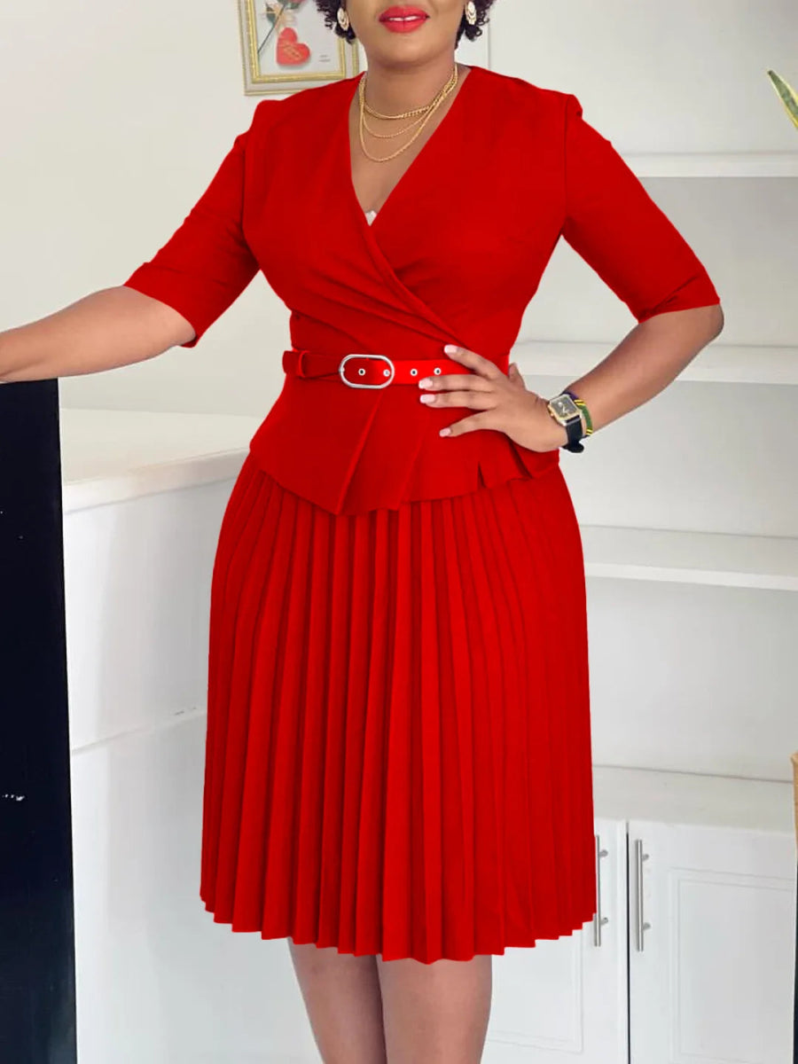 Women's 2024 new fashion plus size temperament commuter V - neck pleated dress - SHOWLU FASHION STORE