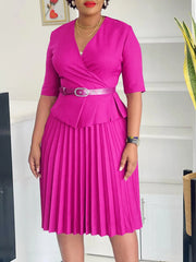 Women's 2024 new fashion plus size temperament commuter V - neck pleated dress - SHOWLU FASHION STORE