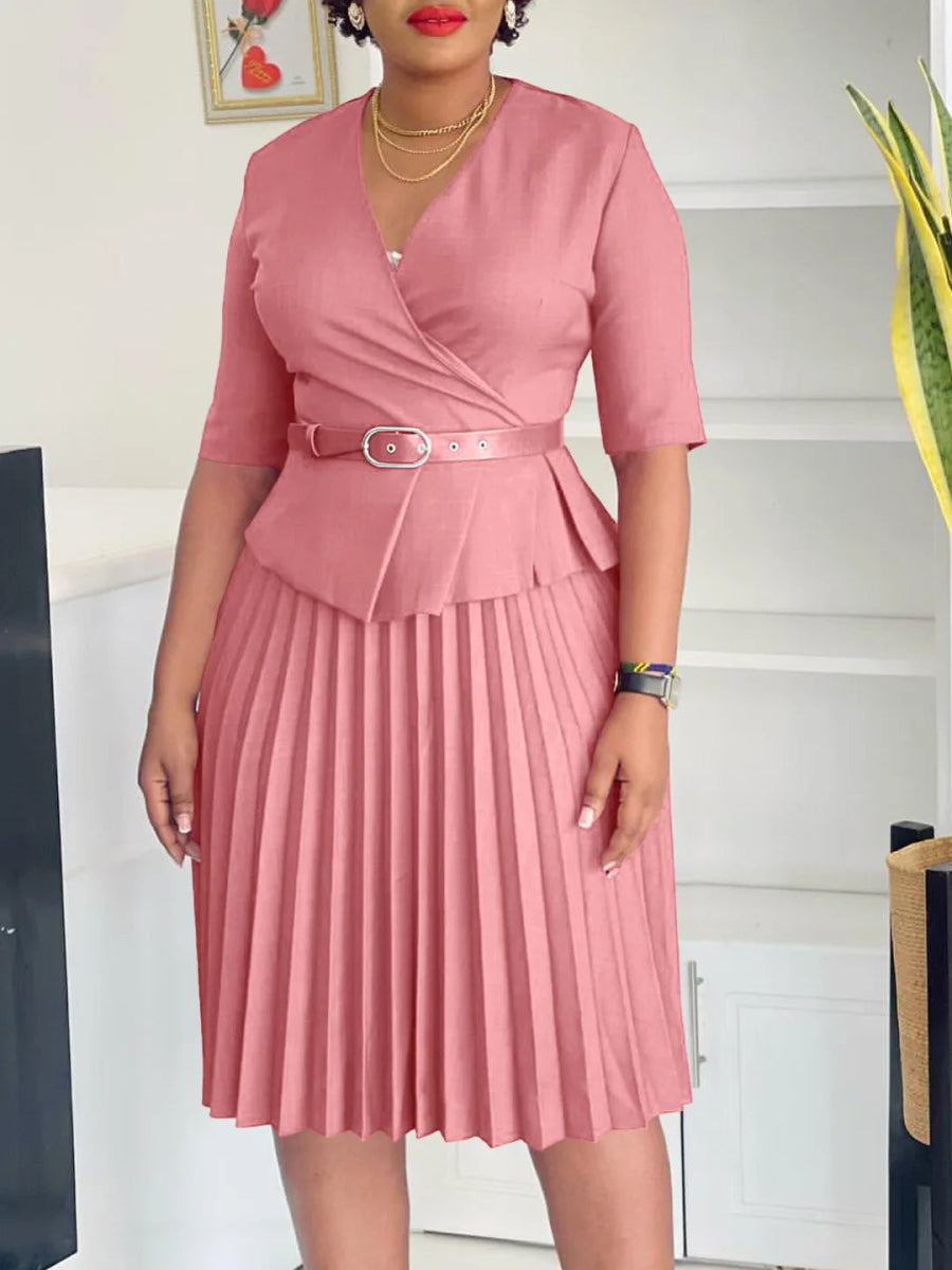 Women's 2024 new fashion plus size temperament commuter V - neck pleated dress - SHOWLU FASHION STORE