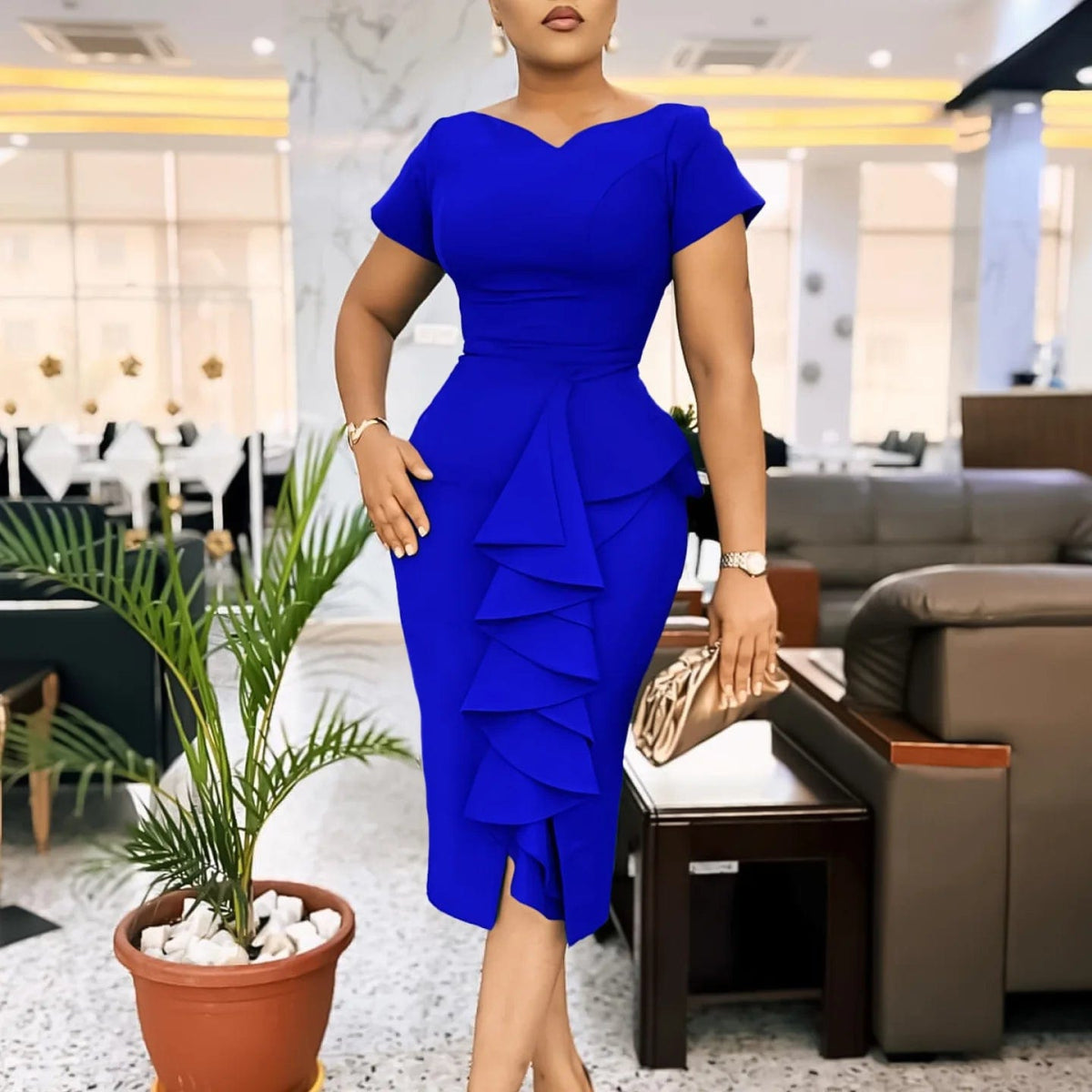Women's 2024 new fashion short sleeve solid color skirt hip ruffled high - waisted dress - SHOWLU FASHION STORE
