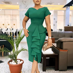Women's 2024 new fashion short sleeve solid color skirt hip ruffled high - waisted dress - SHOWLU FASHION STORE