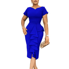 Women's 2024 new fashion short sleeve solid color skirt hip ruffled high - waisted dress - SHOWLU FASHION STORE