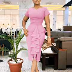 Women's 2024 new fashion short sleeve solid color skirt hip ruffled high - waisted dress - SHOWLU FASHION STORE