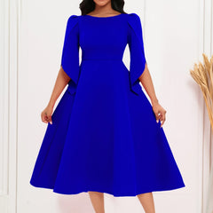 Women's Dress Elegant Party Dresses Summer Solid Color Round Neck Silm Evening Dress Female Large Swing Medium Length Dress - SHOWLU FASHION STORE