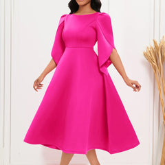 Women's Dress Elegant Party Dresses Summer Solid Color Round Neck Silm Evening Dress Female Large Swing Medium Length Dress - SHOWLU FASHION STORE