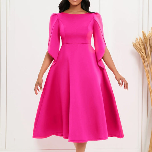 Women's Dress Elegant Party Dresses Summer Solid Color Round Neck Silm Evening Dress Female Large Swing Medium Length Dress - SHOWLU FASHION STORE