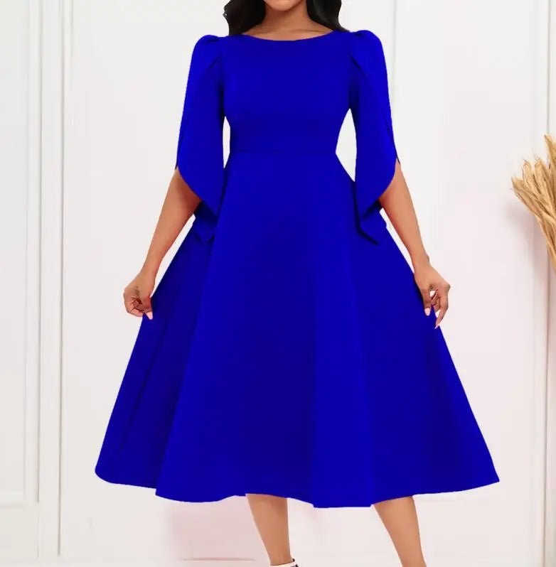 Women's Dress Elegant Party Dresses Summer Solid Color Round Neck Silm Evening Dress Female Large Swing Medium Length Dress - SHOWLU FASHION STORE