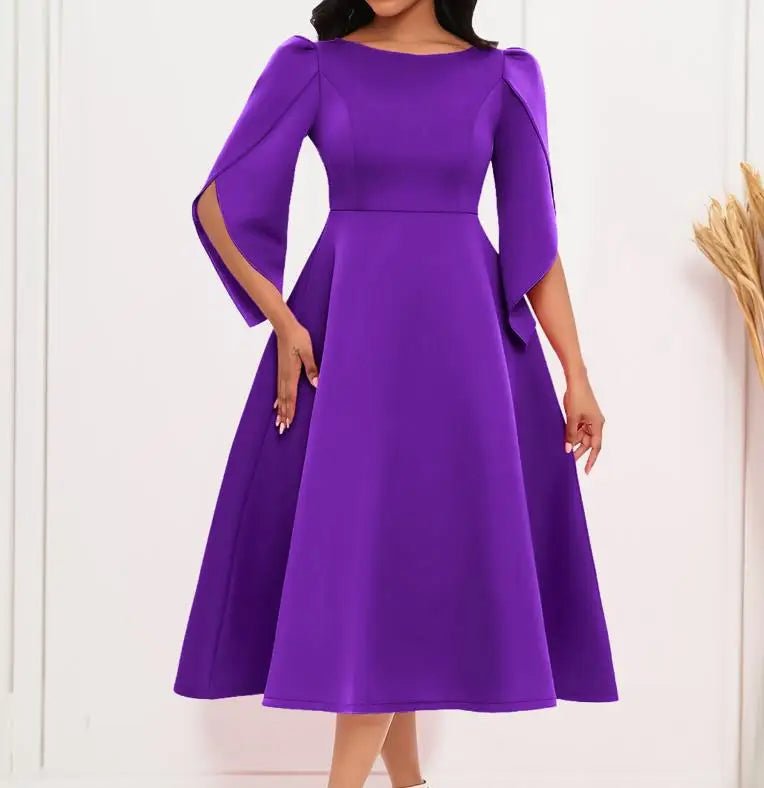 Women's Dress Elegant Party Dresses Summer Solid Color Round Neck Silm Evening Dress Female Large Swing Medium Length Dress - SHOWLU FASHION STORE