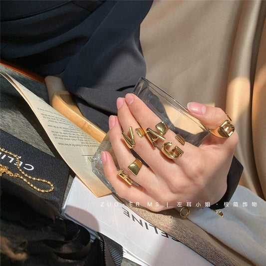 Women's Exaggerated Gold - Plated Open Adjustable Ring with Letters - SHOWLU FASHION STORE