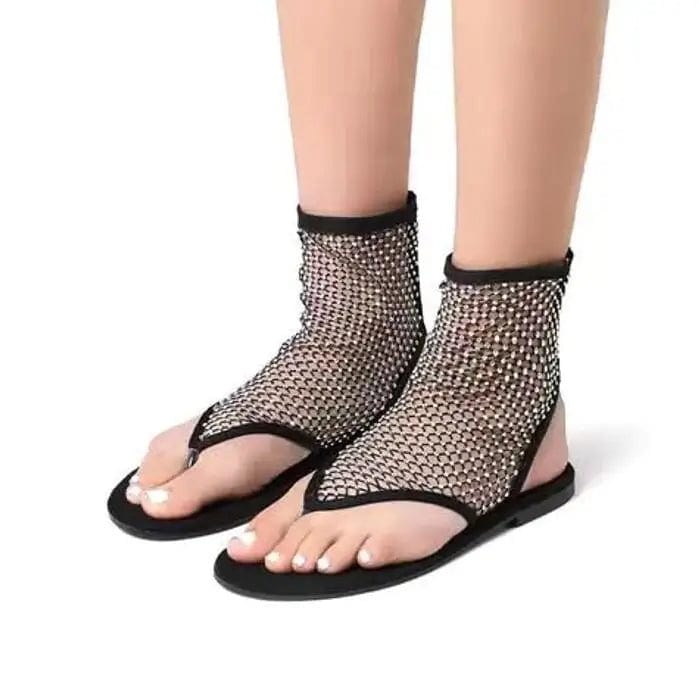 Women's New Luxury Brand Round Toe Flat Bottom Sandals Hollow Short Boots Water Diamond Sexy Flat Bottom Shoes - SHOWLU FASHION STORE