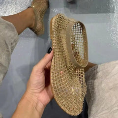 Women's New Luxury Brand Round Toe Flat Bottom Sandals Hollow Short Boots Water Diamond Sexy Flat Bottom Shoes - SHOWLU FASHION STORE