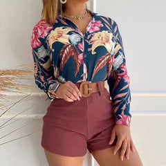 Women's Shorts Suit Summer Fashion Sexy V Neck Long Sleeve Shirts Slim Wear A Belt Elegant Female Blouse Office Two Piece Set - SHOWLU FASHION STORE