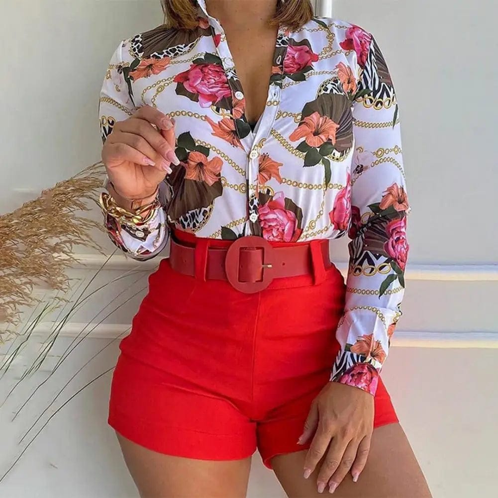 Women's Shorts Suit Summer Fashion Sexy V Neck Long Sleeve Shirts Slim Wear A Belt Elegant Female Blouse Office Two Piece Set - SHOWLU FASHION STORE