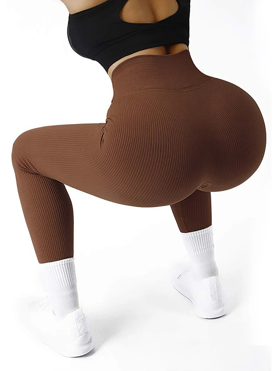 Women's Solid Color High Waist Simple Yoga Fitness Daily Ribbed Sports Cycling Leggings - SHOWLU FASHION STORE