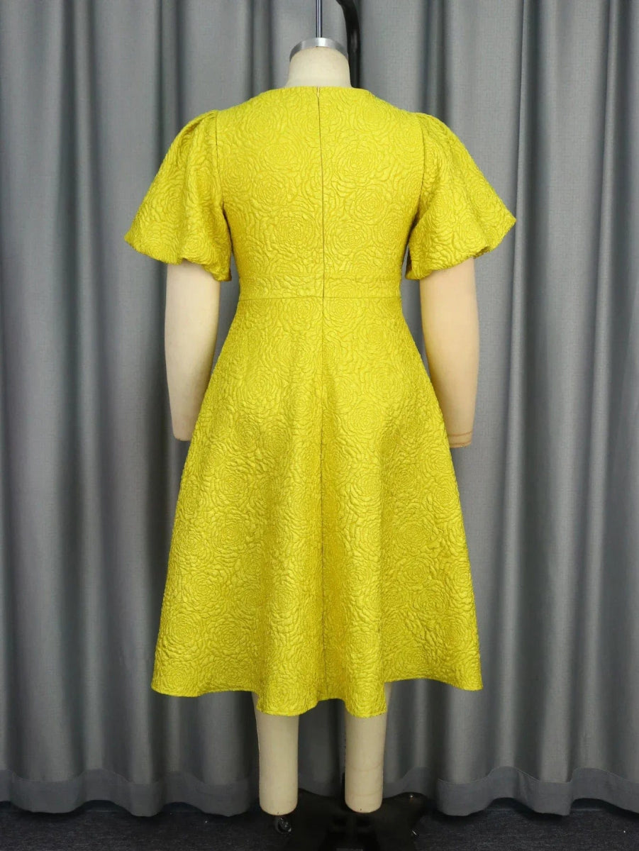 Yellow Jacquard A Line Dresses 3D Flower Short Puff Sleeve High Waist Elegant Ladies Casual Work Evening Event Midi Gowns Dress - SHOWLU FASHION STORE