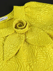 Yellow Jacquard A Line Dresses 3D Flower Short Puff Sleeve High Waist Elegant Ladies Casual Work Evening Event Midi Gowns Dress - SHOWLU FASHION STORE