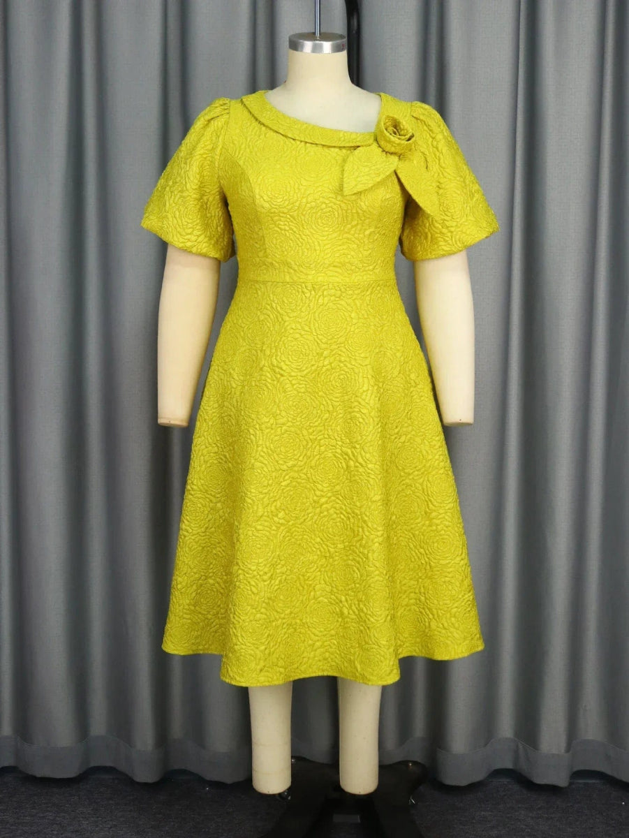 Yellow Jacquard A Line Dresses 3D Flower Short Puff Sleeve High Waist Elegant Ladies Casual Work Evening Event Midi Gowns Dress - SHOWLU FASHION STORE