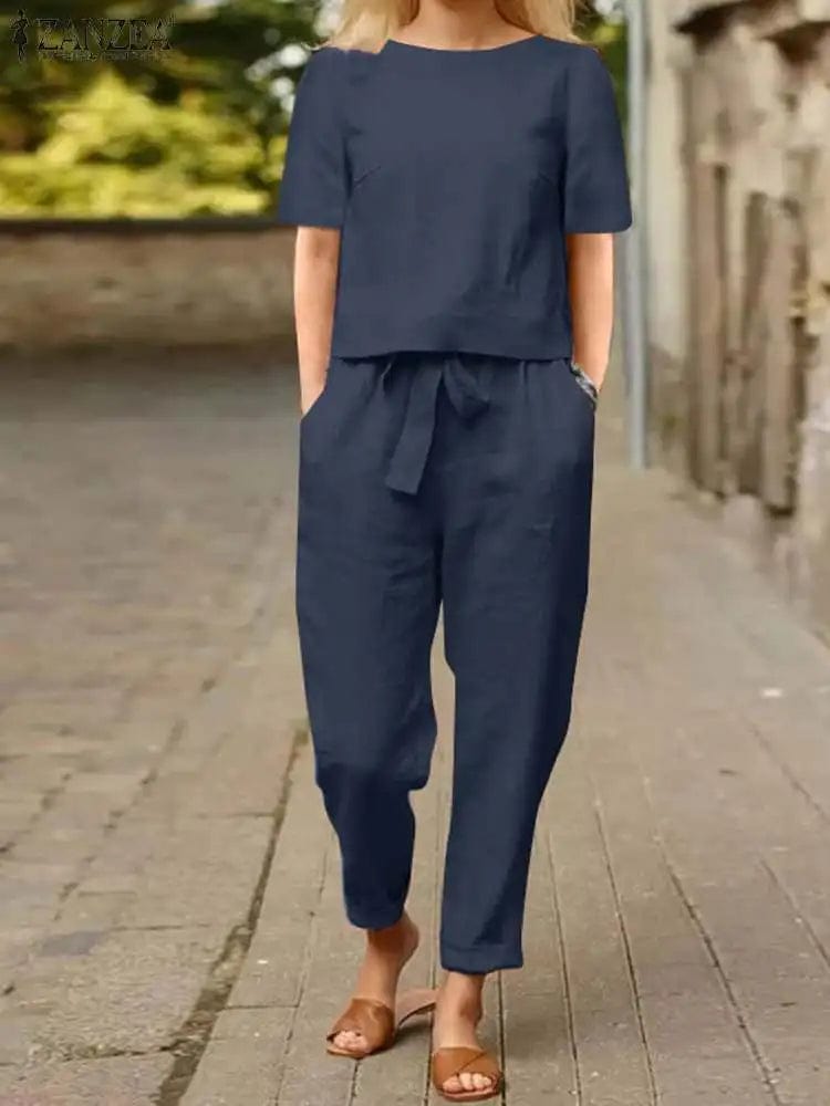 ZANZEA Summer Women Short Sleeve Blouse Harem Pants Sets 2PCS Solid Tracksuit Two Piece Sets Loose Outifit Casual Matching Sets - SHOWLU FASHION STORE