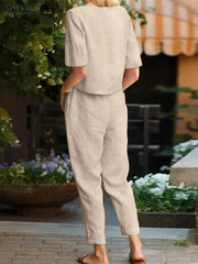 ZANZEA Summer Women Short Sleeve Blouse Harem Pants Sets 2PCS Solid Tracksuit Two Piece Sets Loose Outifit Casual Matching Sets - SHOWLU FASHION STORE