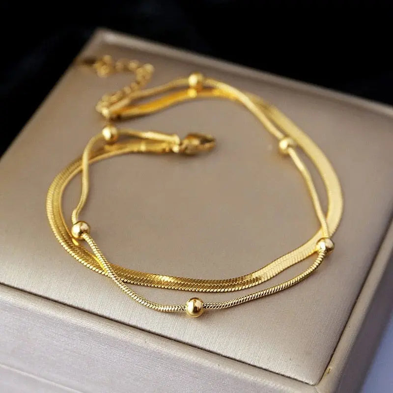 Showlu Fashion Store 0 316L Stainless Steel Gold Color Double-Layer Anklets For Women Girl New Trend Leg Chain Waterproof Jewelry Gift Party