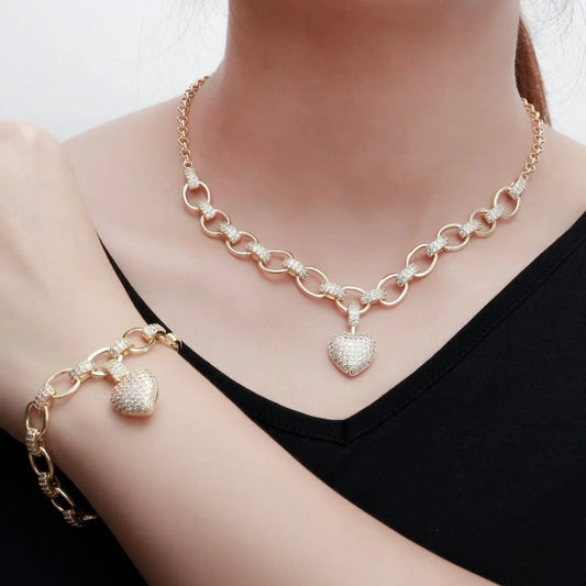 Showlu Fashion Store 0 CWWZircons 585 Gold Color Cubic Zirconia Dangle Love Heart Shape Charm Bracelet Pendant Necklace Women Costume Jewelry Set  T468