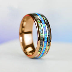 Showlu Fashion Store 0 Fashion 8mm Rose Gold Color Tungsten Wedding Men Stainless Steel Rings Inlay Abalone Shell Blue Opal Rings Men Wedding Jewelry
