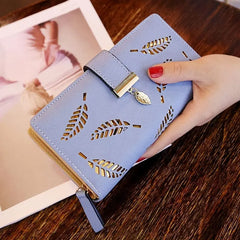 Showlu Fashion Store 0 Fashion PU Leather Wallet Purse Women Long Wallet Gold Hollow Leaves Pouch Handbag For Women Coin Purse Card Holders Clutch
