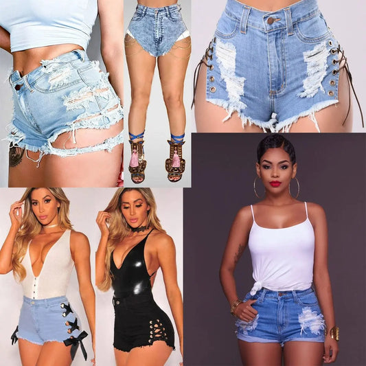 Jeans European and American - Style Lace Denim with Hole Hot Pants - SHOWLU FASHION STORE