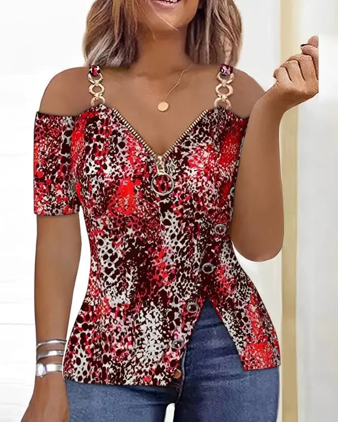 Showlu Fashion Store 0 A / S Leisure Summer New Product Women's Shirt 2023 Leopard Pattern Zipper Details Split Bottom Cold Shoulder Versatile Vintage Top