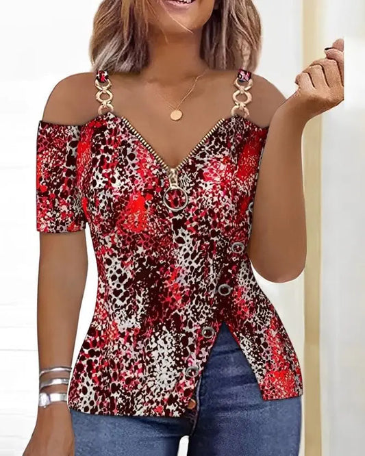 Showlu Fashion Store 0 A / S Leisure Summer New Product Women's Shirt 2023 Leopard Pattern Zipper Details Split Bottom Cold Shoulder Versatile Vintage Top