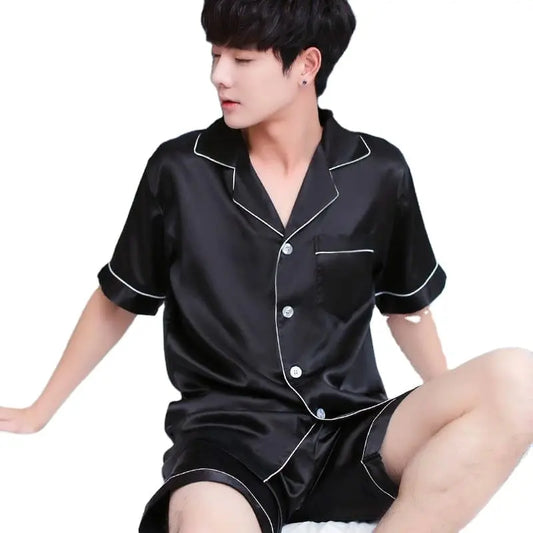 Showlu Fashion Store Night Dress for Men Summer Silk Satin Short Sleeves Pajamas Set for Men Plus Size  Custom Logo Sleepwear Lounge Wear Two-pieces