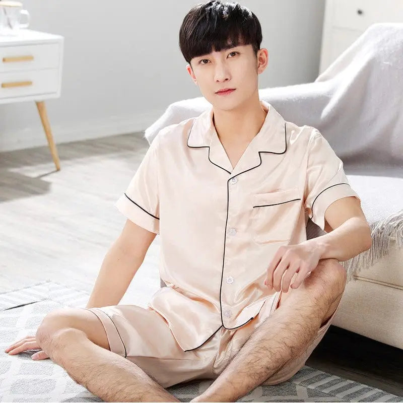 Showlu Fashion Store Night Dress for Men Summer Silk Satin Short Sleeves Pajamas Set for Men Plus Size  Custom Logo Sleepwear Lounge Wear Two-pieces