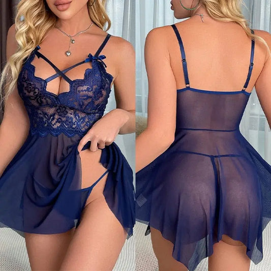 Showlu Fashion Store 0 Sexy Lingerie Women Crotchless Sleepwear Pajamas Lace Night Dress Erotic Costumes Exotic Female Underwear Nightgown G-string