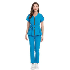 Showlu Fashion Store Zipper multi color Reusable Stretchy Beautician dental Uniforms Nurse Uniform Medical Scrubs