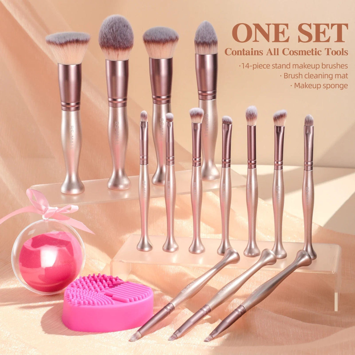 BS - MALL Pink Stand Up Makeup Brushes Set Synthetic Hair 14PCS Private Label Makeup Brushes with Makeup Sponge and Cleaner - SHOWLU FASHION STORE